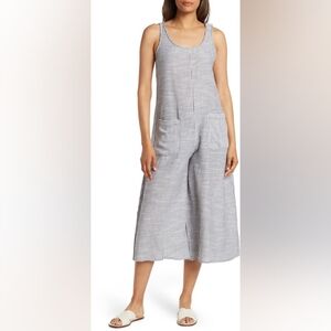 Max Studio Blue & White Striped Linen Blend Sleeveless Jumpsuit